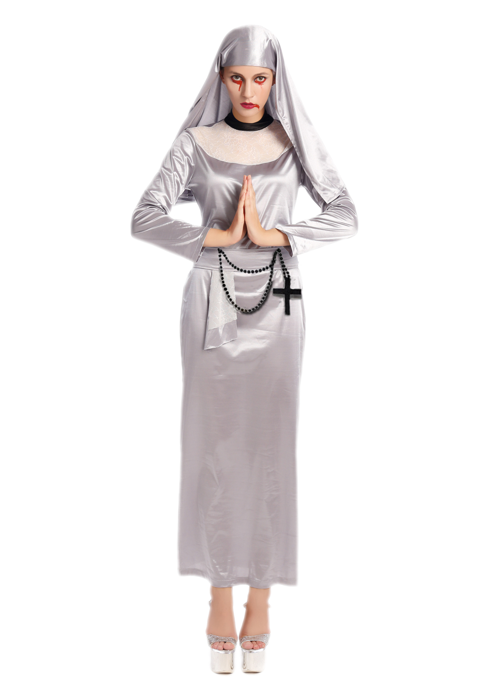 F1694 silver zombie nun costume.it comes with headband,dress,cross